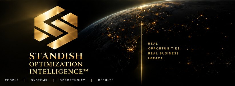 Official Standish Optimization Intelligence branding beside the approved gold illuminated globe